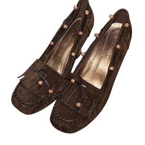 Passion Womens Suede Leather Beaded Wedge Heel Slip-on Moccasin Brown Sz 10 NWOT